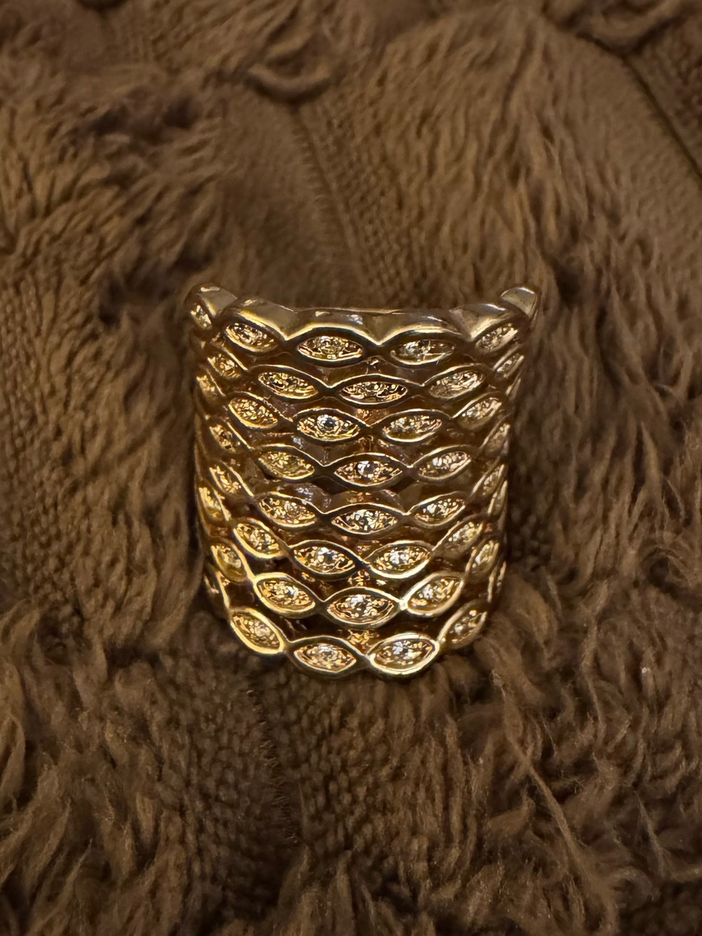 Gold Statement Multi-Layer Textured Ring with Pavé Crystal Accents. Size 10